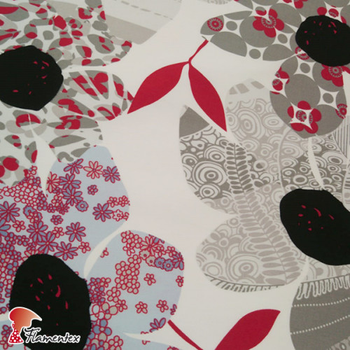 AINOA. Stretch satin fabric, perfect for fitted flamenco dress. Floral abstract print.