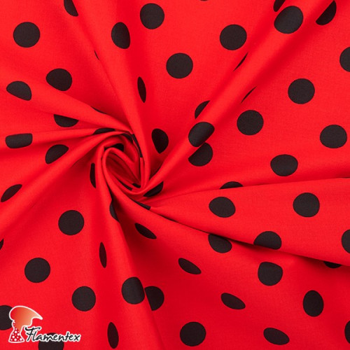JENNY. Tela satinada elástica ideal trajes de flamenca muy entallados. Estampado lunares 2,30 cm.
