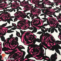 AINOA. Stretch satin fabric, perfect for fitted flamenco dress. Roses print.
