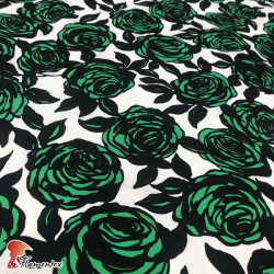 AINOA. Stretch satin fabric, perfect for fitted flamenco dress. Roses print.