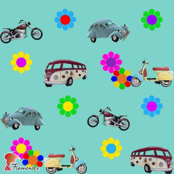MASCARADA. Poplin fabric with flowers, cars, vans... print. For sanitary material.