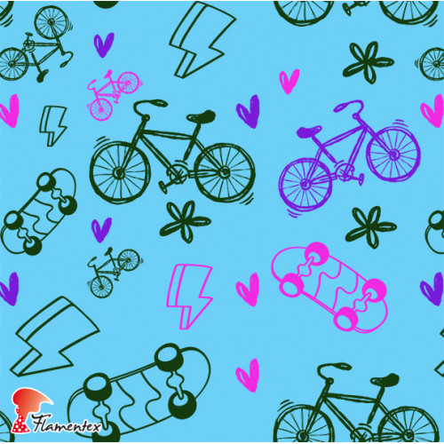 MASCARADA. Poplin fabric with bicycles and skateboards print. For sanitary material.